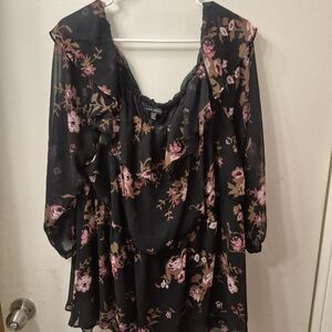 Lane Bryant Black Floral Ruffle Top with Pink & Brown Blooms